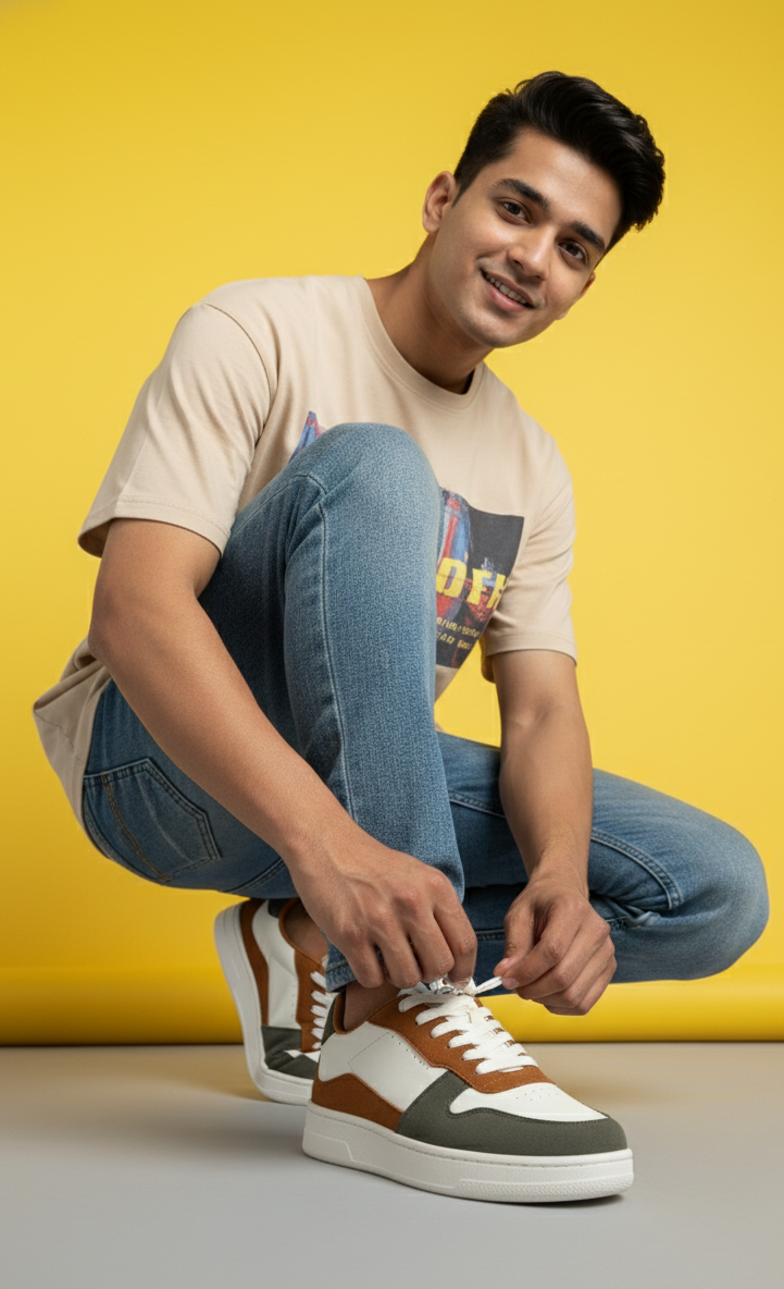 BalanSole Men's White Brown Casual Sneakers Lightweight, Stylish, Anti-Slip Sole Sneakers